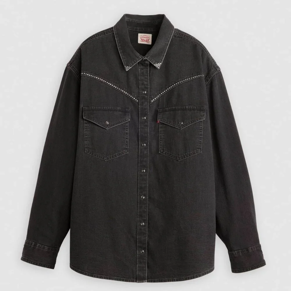 Levi's Shirt Womens 2X Black Western Denim Button Up Rhinestone Long Sleeve